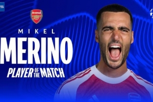 梅开二度！梅里诺当选阿森纳3-0布拉格斯拉维亚一役全场最佳
